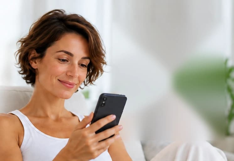 Une femme sourit en lisant la réponse de l'Assistant IA sur son téléphone