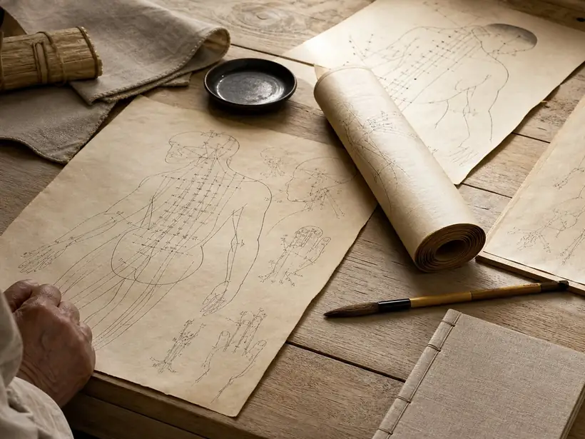 Planches de méridiens anciennes, pinceau et encrier sur un bureau en bois