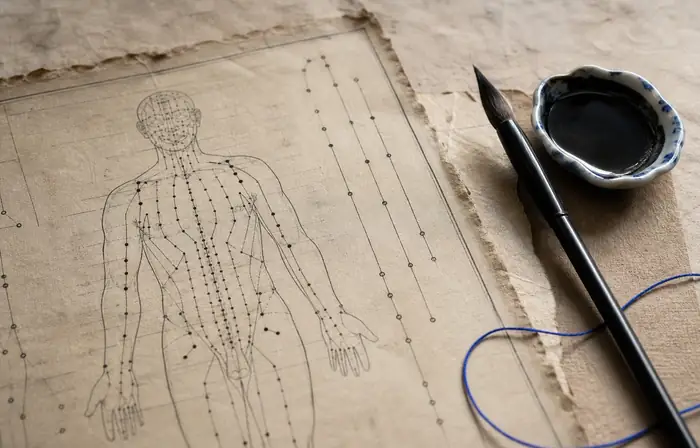 Planche ancienne de méridiens, pinceau et encrier